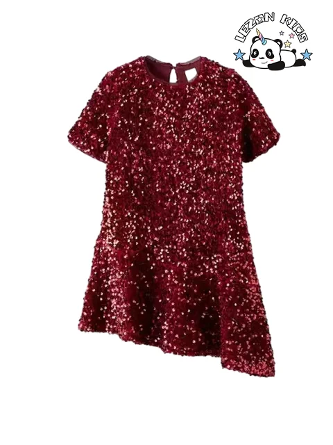 LEZONKIDS - Manufacture Direct Short Sleeve Sweet Style Kids Clothing Sequin Fabric Girls Party Dress for 2-8T